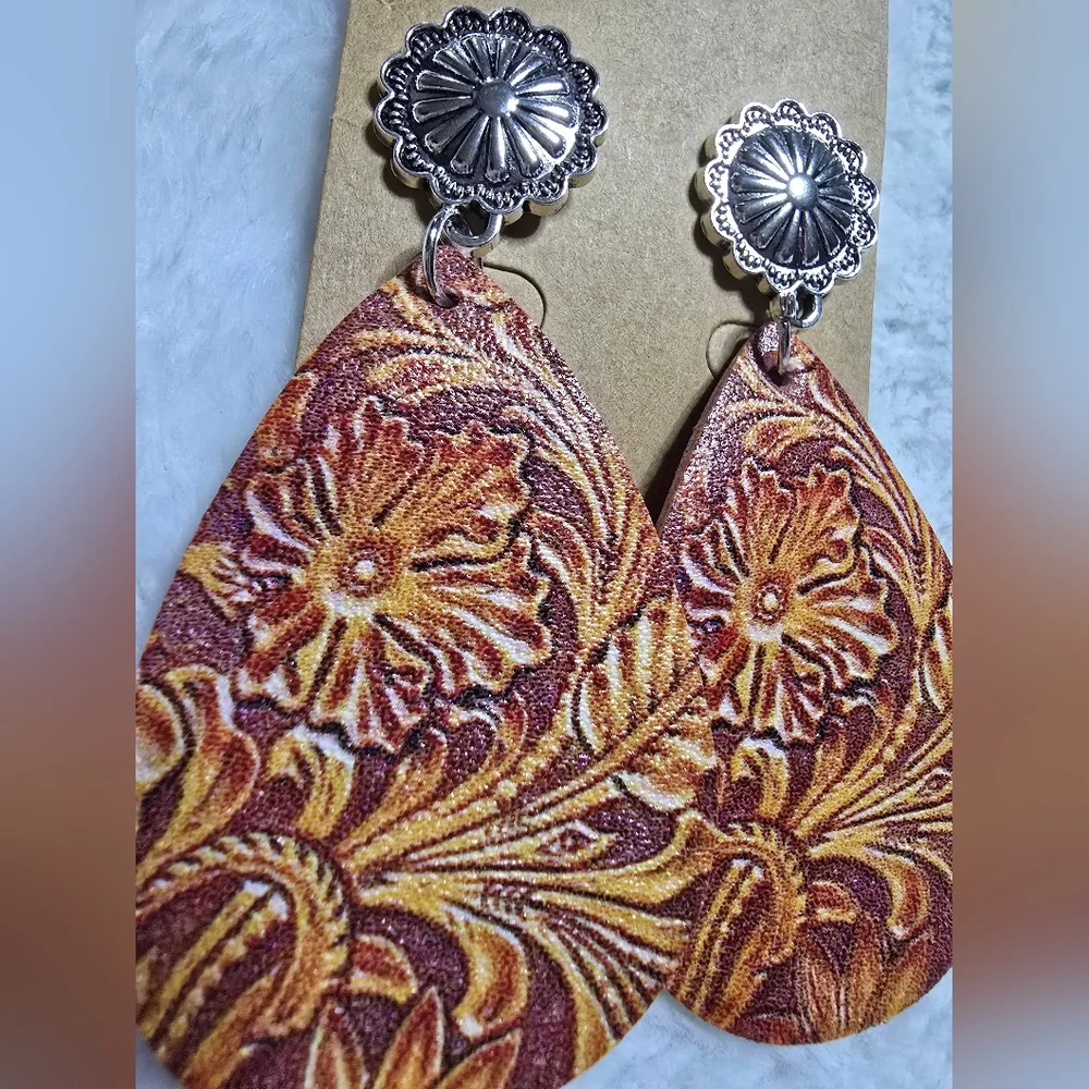 Tear Rain Drop Dangle Earrings Boho Floral Ring Western Cowgirl - Picture 2 of 5